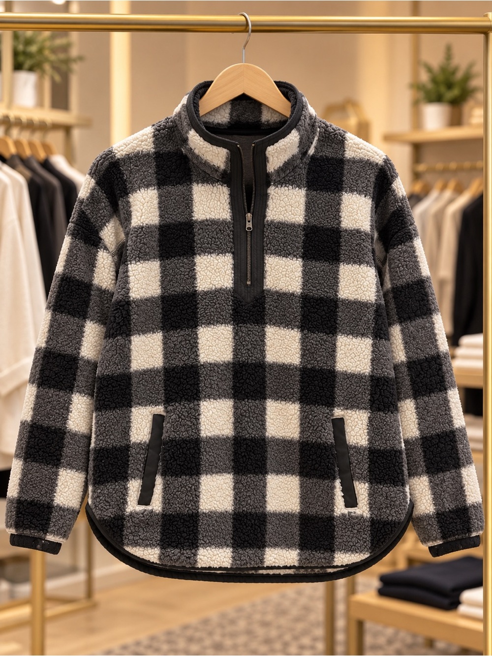 Abercrombie & Fitch Black and White Check Sherpa Quarter-Zip Pullover